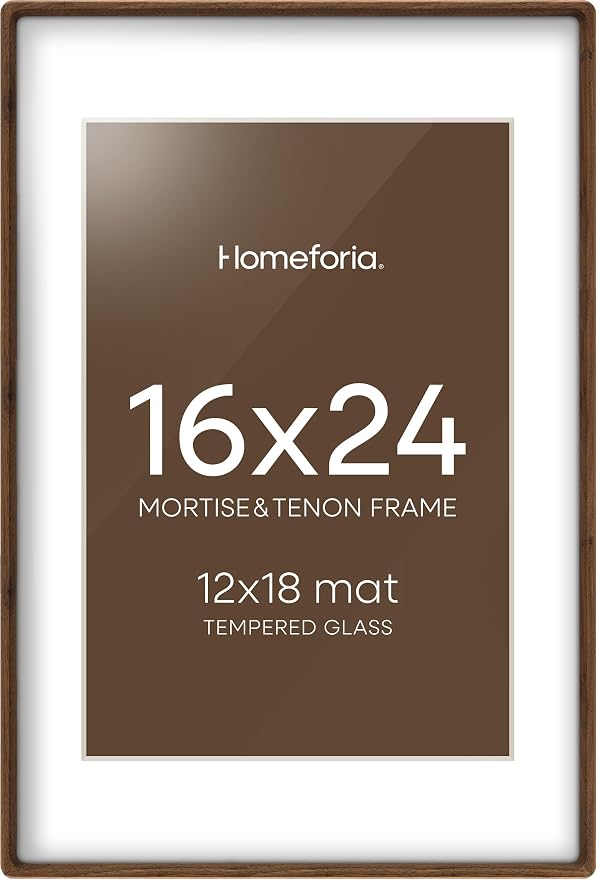 Homeforia 16x24 Mortise&Tenon Walnut Picture Frame, 12x18 Mat, Glass