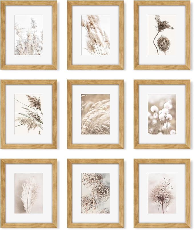 YESKAY 8x10 Picture Frame Set of 9, Display Pictures 5x7 with Mat or 8 x 10 Without Mat, Multi Photo Frames for Wall Mounting or Table Top Display, Natural Oak