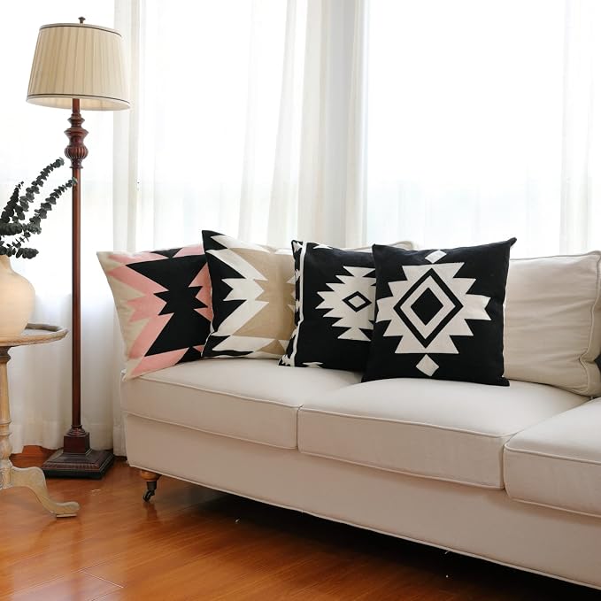 IKATYARN Black White Aztec Embroidery Throw Pillow Cover, Boho Tribal Geometric Pillowcase, Modern Farmhouse Cushion Case for Couch Sofa Bed, 20"x20"
