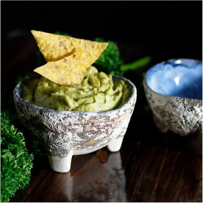 roro Artisan Crafted Blue-Gray Ceramic Dip | Sauce Molcajete Bowls, 3-Legged Stoneware 4-Inch Diameter, Set of 2
