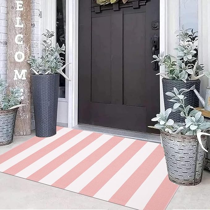 Pink White Outdoor Rug 2'x4',Striped Front Porch Rug Machine Washable Front Door Mat Entryway Throw Rug for Front Porch Indoor Outdoor Doormat