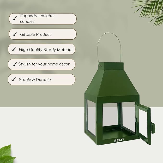 Metal Lantern Candle Holder for Indoor & Outdoor Decor, Hanging Tealight Candle Holders for Wedding, Party, Decorations - Modern Home Decor, 5.5 Inch (Green Color)