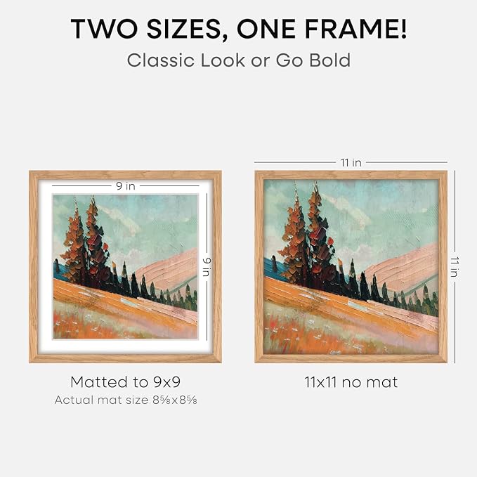 Homeforia 11x11 Natural Oak Picture Frame, High-End Wood, 9x9 Mat, Glass