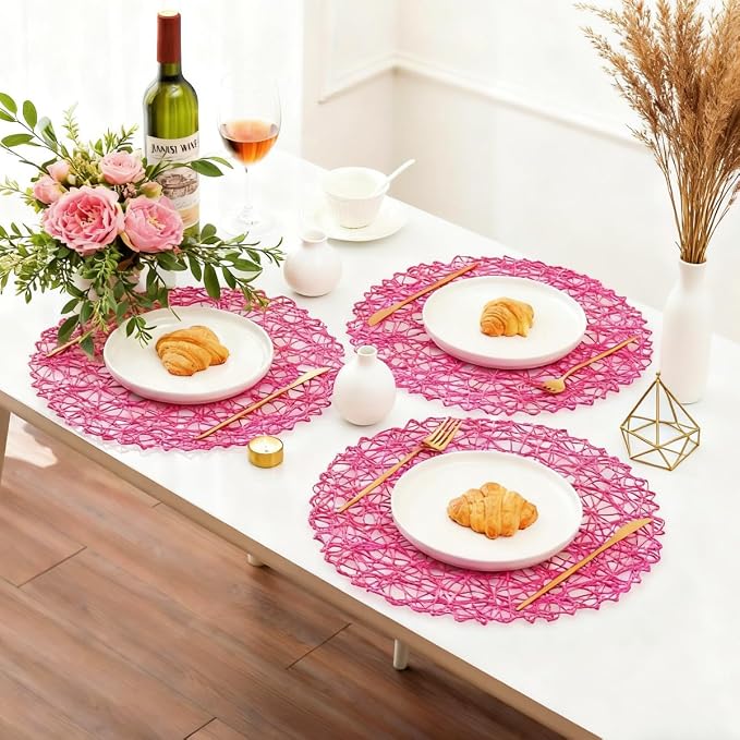 IcosaMro Rosy Round Placemats Set of 12 for Dining Table, 13 Inches Paper Woven Boho Small Decorative Circle Place Mat for Wedding Christmas Thanksgiving Day Holiday Dinner, Rosy