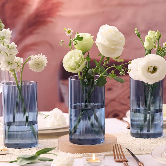 Glass Cylinder Vase 6 Inch Tall- Blue Ribbed Decor for Wedding Centerpieces | Decorative Flower Vase, Hurricane Floating Candle Holder, Christmas Decor, Reception Table, Home Accent, Housewarming Gift
