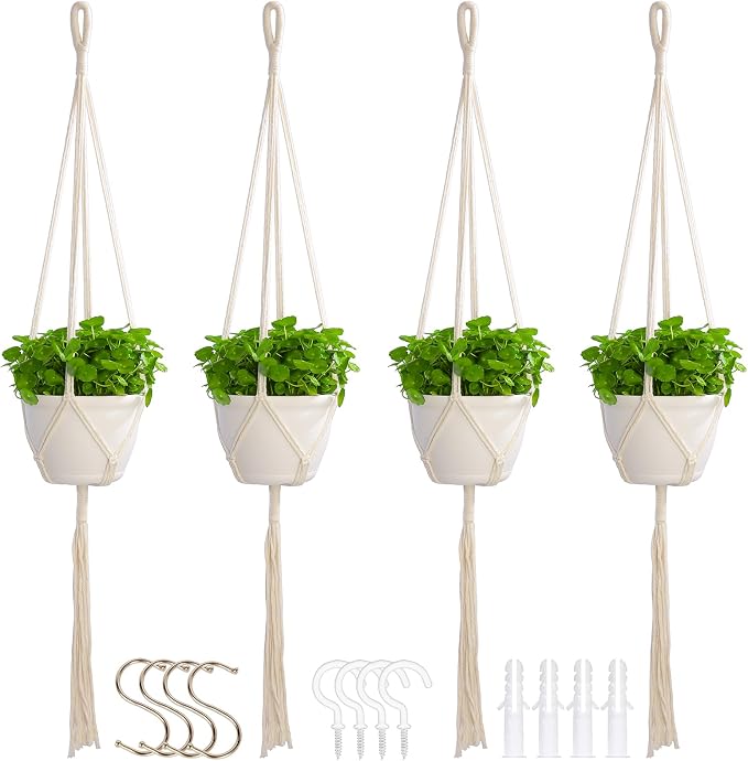 4 Pack Macrame Plant Hangers Indoor Set Large Crochet Hanging Holder, Ivory