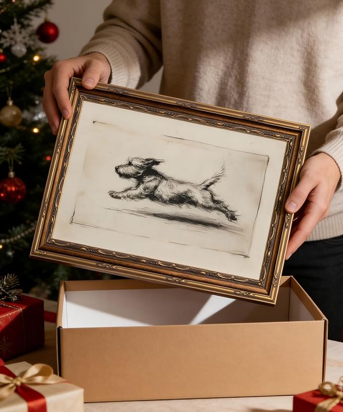 Vintage Gold Framed Running Dog Antique Terrier Sketch Wall Art 16x24in