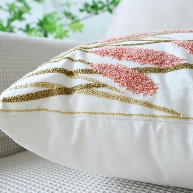 vctops Farmhouse Pampas Grass Cotton Tufted Throw Pillow Cover Boho Embroidery Pillowcase Soft Square Cushion Case for Sofa Couch Bed Chair (Dark Pink,18"x18")