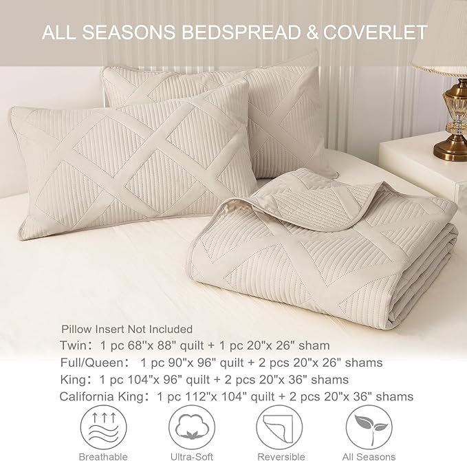 Exclusivo Mezcla Quilts Queen Size, Brich Beige | Soft Bedspreads with 2 Pillow Shams, Modern Striped Pattern, Lightweight Bedding Set Coverlets for All Seasons, 90x96 Inch