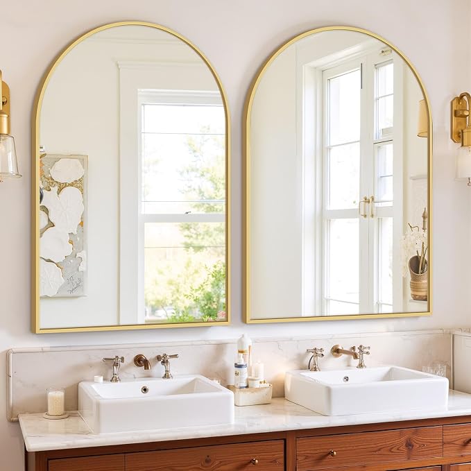Bathroom Mirror for Wall, 38x26 Inch Arched Mirror, Matte Gold Metal Framed Bathroom Vanity Mirrors for Restroom Farmhouse, Anti-Rust, Tempered Glass, Hanging or Leaning