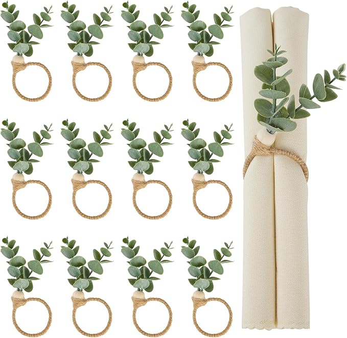 APTWOW Napkin Rings Set of 12, Christmas Napkin Rings for Party Table Decor | Boho, Eucalyptus Farmhouse Napkins Rings, Easter Napkins Holder for Weddings, Thanksgiving Table Decorations