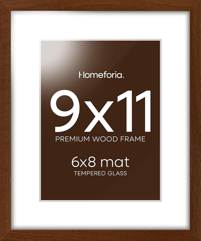 Homeforia 9x11 Brown Oak Picture Frame, High-End Wood, 6x8 Mat, Glass