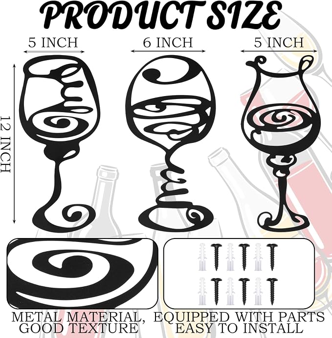 Otoolling 3 Pcs Wine Wall Art Black Metal Wine Sign 3 Style Modern Metal Bar Decor for Wall Drinker Gift for Dining Room and Entertaining Spaces (Abstract)