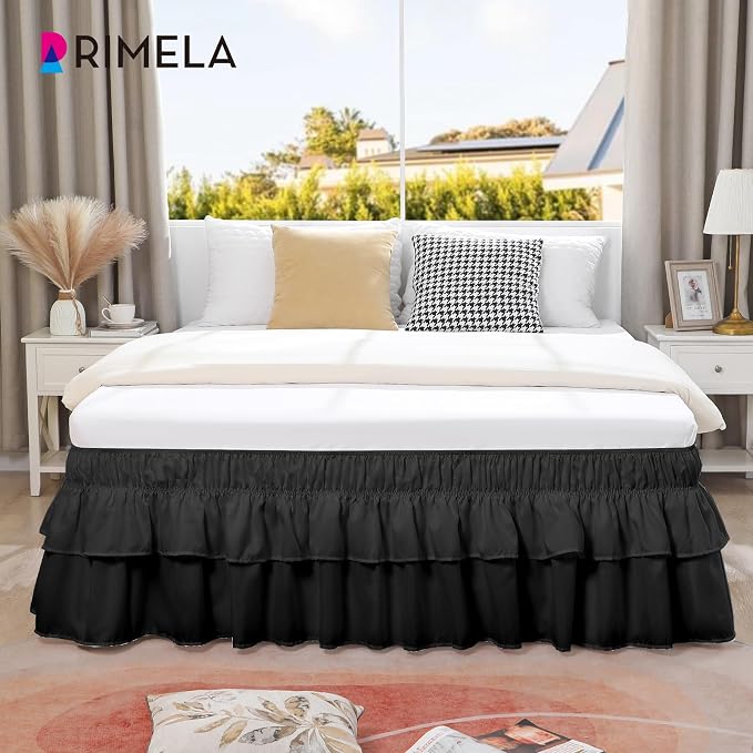 RIMELA Ruffle Bed Skirt Black Queen 15 Inch Drop, Elastic Wrap Around Bed Skirting Queen Size, Easy to Install Dust Ruffle, Machine Washable Soft Fabric, Multi Ruffle Bedskirt