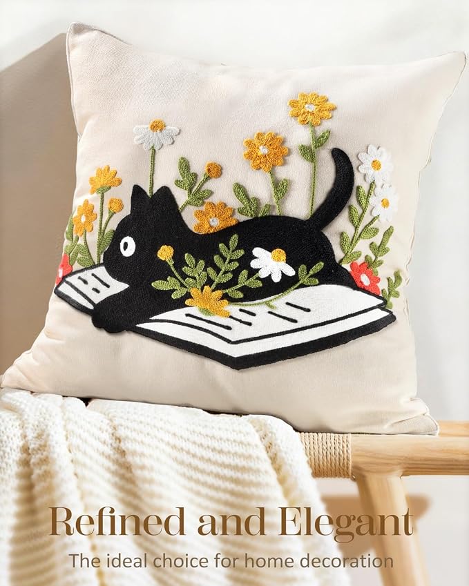Embroidered Throw Pillow Cover 20x20 Inch - Summer Farmhouse Decorative Pillow Cover with Zipper for Couch Sofa Living Room Cushion Pillowcase, Cat Floral