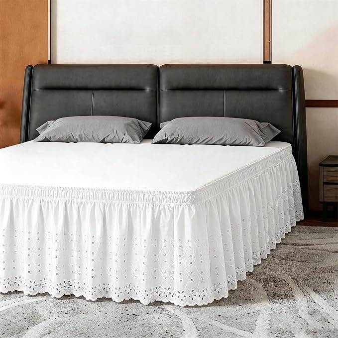 ANARACHON King Bed Skirt, Wrap-Around Elastic Ruffled Eyelet Bed Skirt King Size Dust Ruffle with Gathered Styling and Embroidered Details, 18" Drop Length (White)