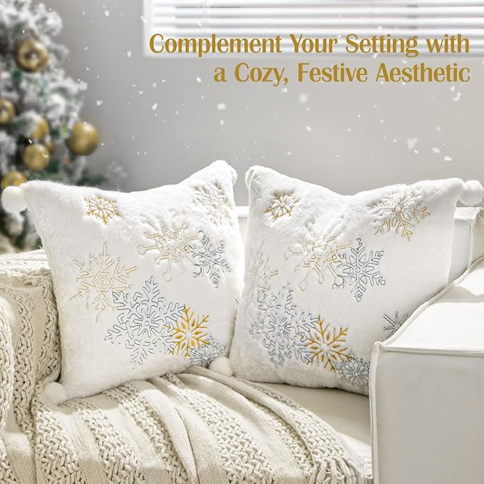 Lewondr Christmas Pillow Cover, Snowflake Embroidered, 18x18 Inch, Set of 2 | Double-Sided Faux Fur, Cozy Soft Decorative, Plush Ball, Luxury Embroidered, For Bed Home Decor Living Room