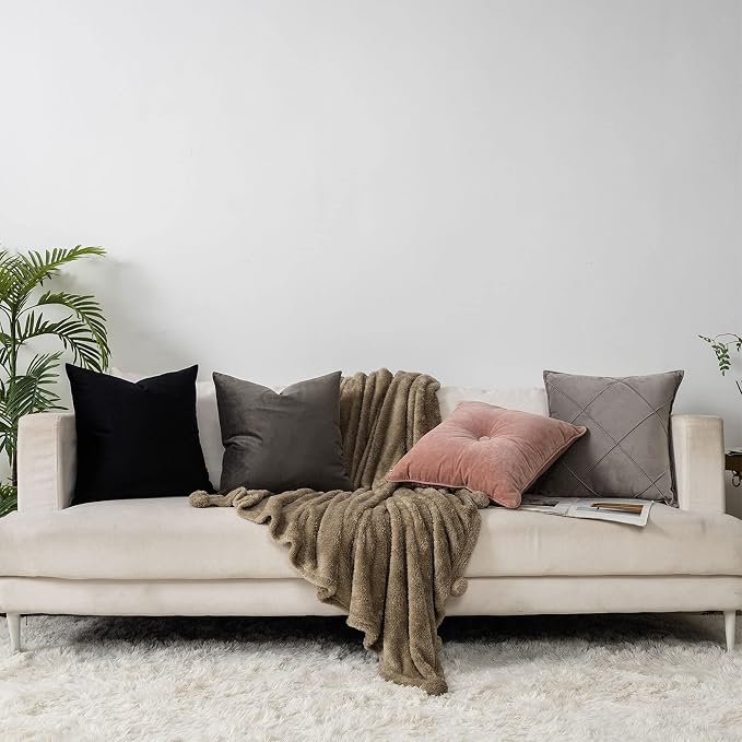 Ash Decorative Lumbar Velvet Throw Pillow Covers 24x24 inch Set of 2 with Zipper Luxury Soft Solid Square Cushion Covers Case for Sofa Couch Bed Living Room