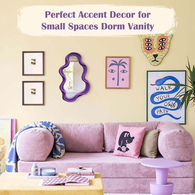 Purple Wavy Cloud Wall Mirror for Girly Bedroom Dorm Vanity Decor | 16x10",Soft Velvet-like Touch,Funky Decorative Mirrors for Modern Vintage Home Office Living Room Housewarming Birthday Gift
