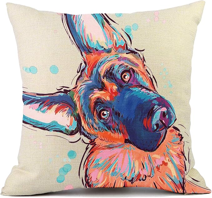 German Shepherd Throw Pillow Cover Linen- Abstract Colorful Art Design, 18 * 18 Inch Linen Pillowcase for Dog Lovers Gifts for Women, Perfect Home Decor Gift for Women and Pet Owners