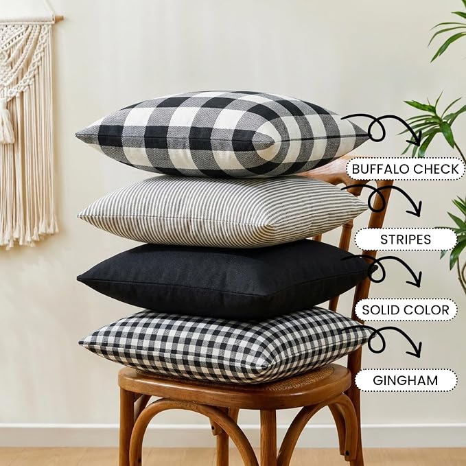 Black and White Buffalo Check Plaid Throw Pillow Covers 18x18 Set of 4 | Soft Black Couch Sofa Pillow Covers 18 x 18, Black and White Plaid Christmas Pillow Covers Set of 4, Outdoor Porch Pillows