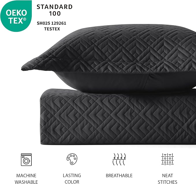 EXQ Home King Size Quilt Set Squares Pattern Bedding Set Lightweight Black | Soft Microfiber Bedspread, Breathable & Wrinkle-resistant Coverlet. All-season Use for Hot Sleepers. 3-pc Set with 2 Shams