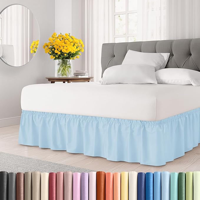Wrap Around Dust Ruffle Bed Skirt, King Size - 18 Inch Drop, Light Blue | Easy Fit Elastic Strap, Adjustable Pleated Bedskirt w/Brushed Fabric, Wrinkle & Fade Free, for Women, Men, Kids & Teens