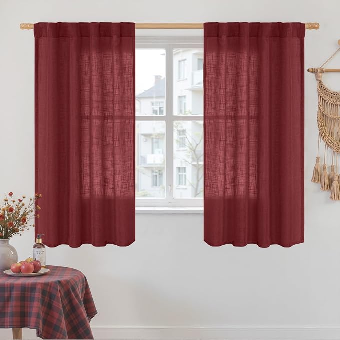 Burgundy Red Linen Curtains 45 Inch Length for Bedroom 2 Panels | Semi Sheer, Light Filtering Panels, Rod Pocket Back Tab, Christmas Decor Drapes for Kitchen, Window, Loft Room, 34 x 45 Inch