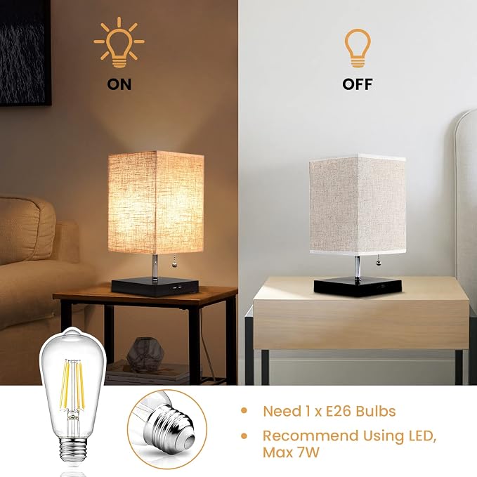 Siljoy Modern Desk Lamp with Pull Chain Switch, Bedside Table Lamp with 2 USB Charging Ports, Nightstand Lamp with Beige Fabric Lampshade & Black Wooden Base for Bedroom, Living Room, Office