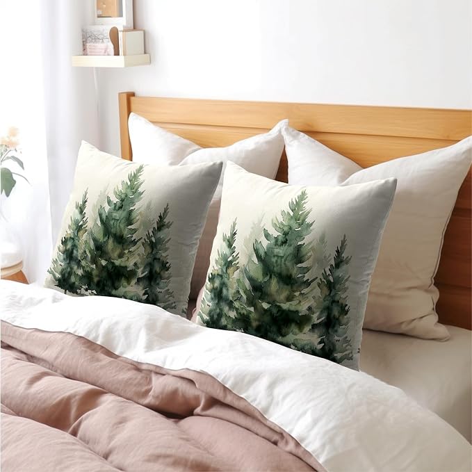 Watercolor Green Tree Throw Pillow Covers 16X16 Inch Set of 2 Green Christmas Tree Decorative Pillowcase Winter Nature Trees Holiday Cotton Linen Cushion Cover for Home Sofa Living Room Patio