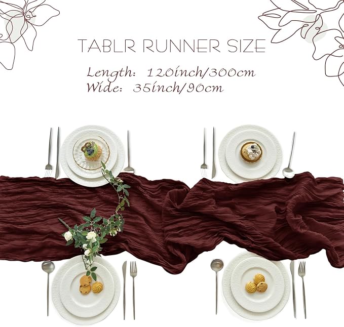IVAPUPU Burgundy Red Table Runner 120 Inches for Birthday Party Home Decor | 2 Pcs Boho Gauze 10FT Cheesecloth Table Runners for Wedding Baby Shower Decorations Summer Garden Farmhouse
