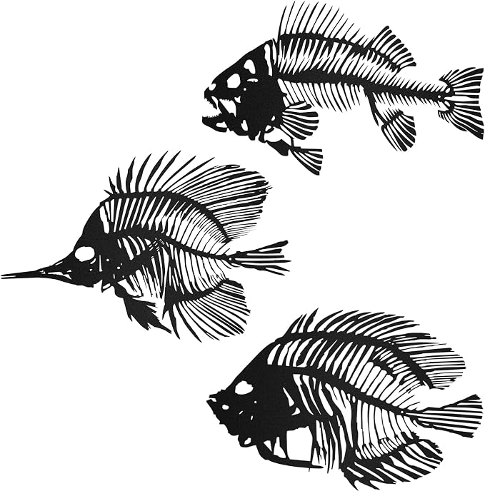 Zhengmy 3 Pcs Metal Fish Wall Art Fishing Wall Decor Hanging Metal Fish Bone Rustic Nautical Style Sign Plaque for Indoor Outdoor Office Home Bedroom Bathroom Living Room Window(Black)