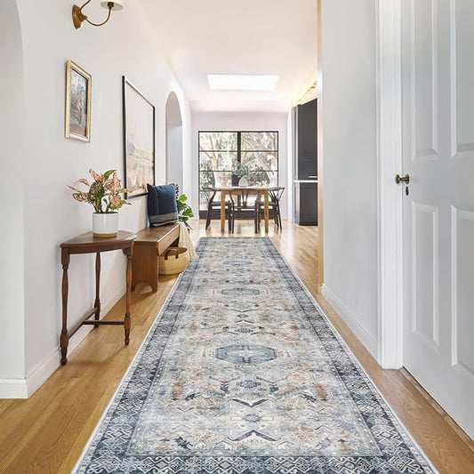 RUUGME Washable Runner Rug 2.6'x12' - Vintage Kitchen Area Rug Stain Resistant Rugs for Living Room Bedroom Laundry Room Mat Distressed Rug Hallway Floor Carpet Runner for Bathroom(Grey/Blue)