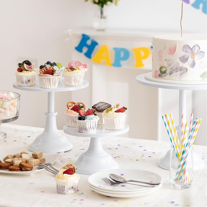 HBlife 3-PCS White Cake Stand Set (8"/10"/12" Plate) for 6-10 Inch Cakes, Perfect Dessert Table Display Set, Cupcake&Cake Stands for Party, Wedding, Birthday, Baby Shower, Anniversary (Metal) | Interchangeable Bases&Plates, Dessert Table Display, Cupca...