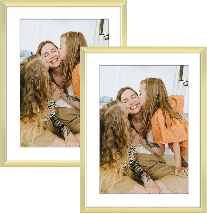 Frametory 2 Pack 6x8 Aluminum Frame with Mat for 5x7 Photo, Gold