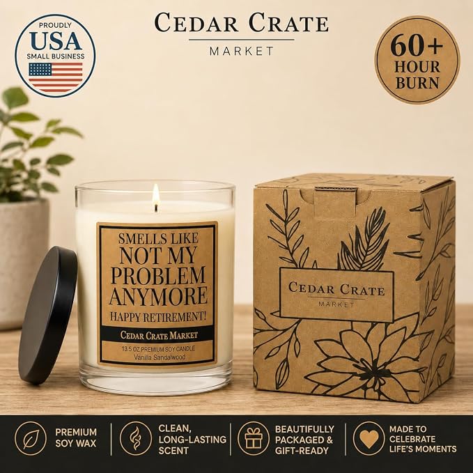 Retirement Gift for Woman, Men 2026 - Funny Vanilla Sandalwood Candle, 13.5oz, 60+ Hr Burn, USA Made Soy Wax - Farewell Gift for Coworker, Mom, Dad, Teacher, Nurse, Boss, Friend, Sister, Brother
