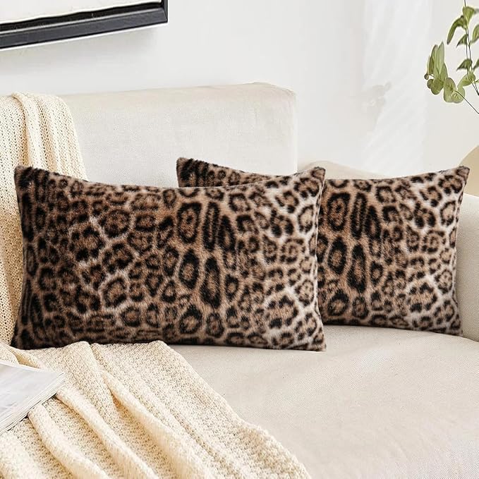 cygnus Faux Fur Cheetah Print Lumbar Throw Pillow Covers 12X20 inch | Set of 2 Leopard Couch Pillowcase ,Fluffy Fuzzy Decorative Square Throw Pillows, for Couch Sofa Living Room Bedroom Decor
