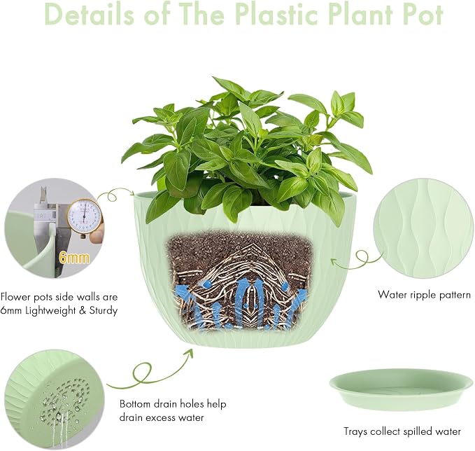 WSMKSZ 12 Inch Large Plant Pots for Indoor or Outdoor Plants, Wide Water Ripples Flower Pots with Drainage Holes & Saucer, Plastic Planters Set for Garden & Home Decor (Green)