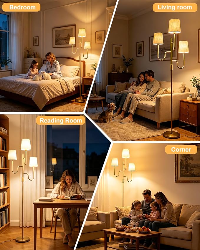 Lightdot 68IN Gold Floor Lamp Dimmable 3-Lights LED Floor Lamps with Cone Fabric Shade& Warm White Bulb for Wedding/Party 3-Arm Standing Tall Lamp for Living Room/Bedroom/Sofa Beside/Corner Decor