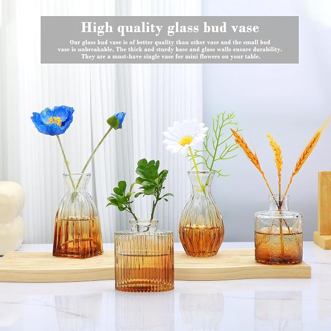Glass Bud Vases Set of 4, Small Brown Flower Vases for Wedding Centerpieces | Clear Vintage Embossed Mini Vases for Table Decorations, Flower Arrangements in Vases for Party or Home Decor