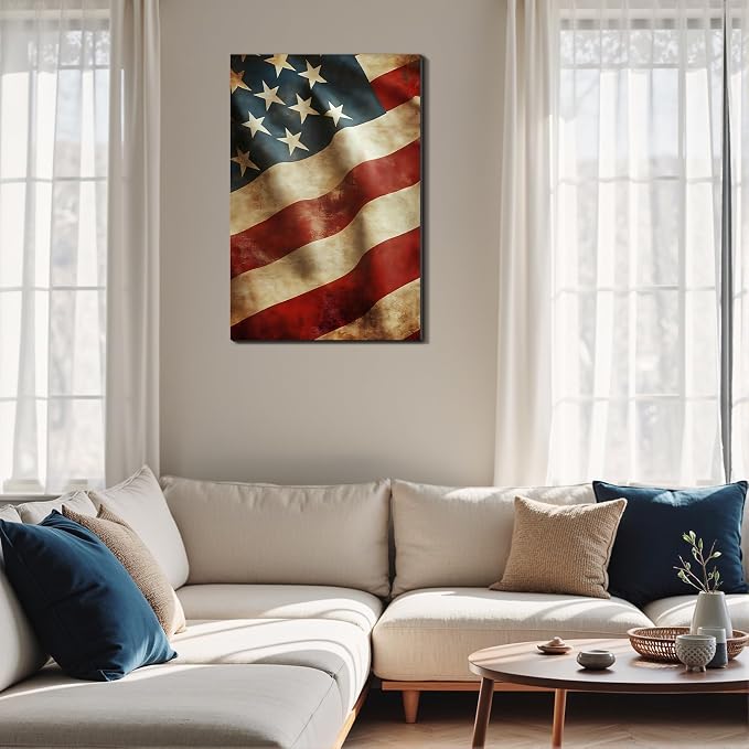 Framed Vintage Distressed American Flag Wall Art, Patriotic Rustic Canvas Art Pictures, USA Flag Wall Decor, Made in USA Ready to Hang for Living Room Garage
