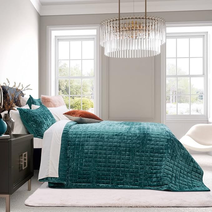 RECYCO Channel Box Stitch Velvet Quilt Set, King Size, Teal | Ultra Soft Lightweight Velvet Comforter, Luxury Oversized Bedspread Coverlet, Quilted Bedding Set for All Season with 2 Shams