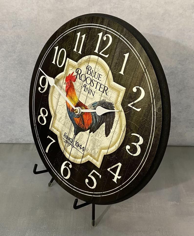 Blue Rooster Inn Wall Clock | Ultra Quiet Quartz Mechanism | Hand Made in USA Beautiful Crisp Lasting Color | Comes in 8 Sizes | 15-Inch