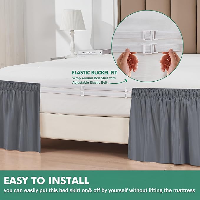 Wrap Around King Size Bed Skirt Split Corner 15" Drop-Elastic Dust Ruffle | Dark Grey Adjustable Pleated Bedskirt-Easy Fit Wrinkle Resistant Washable Bed Skirting-Master Guest Bedroom Couples Hotels
