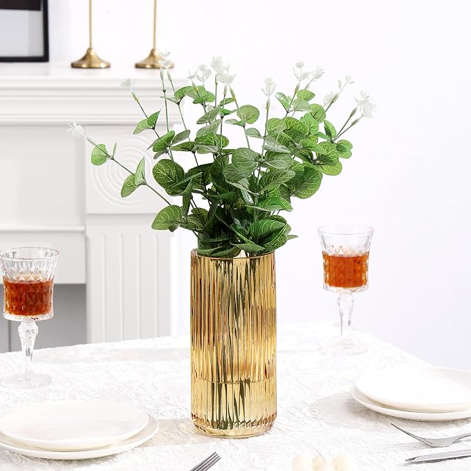Ribbed Glass Vase, Flower Vases for Bouquet, Amber Glass Vases for Flowers, Modern Ribbed Vase for Living Room, Bathroom, Dining Table, Office, Wedding, Centerpieces, 8 Inches