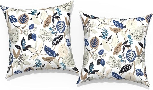 Outdoor Throw Pillow Covers 16x16 Inch, Square Patio Pillow Cases Pack of 2, Modern Decorative Back Cushion Covers for Patio Furniture Garden Couch Farmhouse, Breeze Leaves Beige
