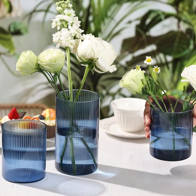 Glass Ribbed Cylinder Vase Set of 6,Bud Vase for Wedding Centerpieces,Clear Ribbed Glass Flower Vases Bulk,Hurricane Floating Candle Holder 4 Inch,Decorative Vases for Home Decor(Blue)