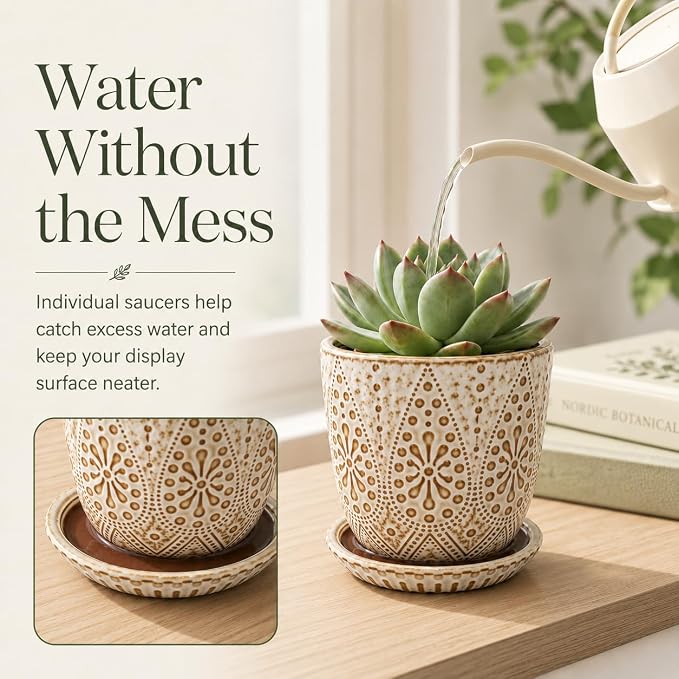 Gepege Ceramic Succulent Pots, 4 Inch Small Plant Pots with Drainage | Ceramic succulent pots with drainage holes, ceramic saucers and mesh pads, set of 4, ideal for cactus and succulents