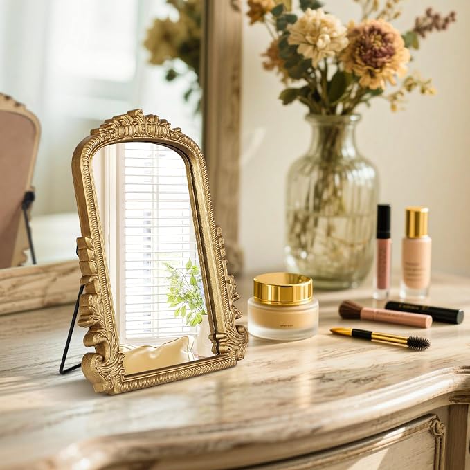 Vintage Vanity Mirror with Stand – 11.8"x9.6" Gold Tabletop Makeup Mirror, Arched Decorative Mirror with Carved Engineered Wood Frame for Bedroom, Dresser, Bathroom or Desk