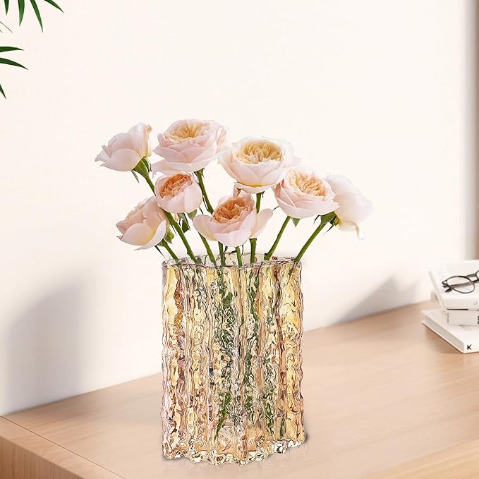 Aoderun Glass Vase Crystal Vase Heavy Duty Large Flower Vase for Dining Table Kitchen Office Home Shelf Wedding Living Room Centerpieces(Amber)